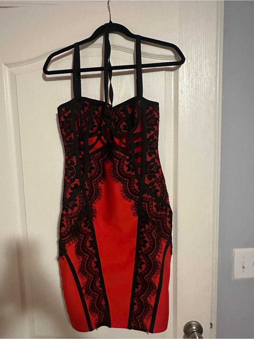 Bella Barnett Red Black Lace Bandage Bodycon Dress Caged Strappy Halter